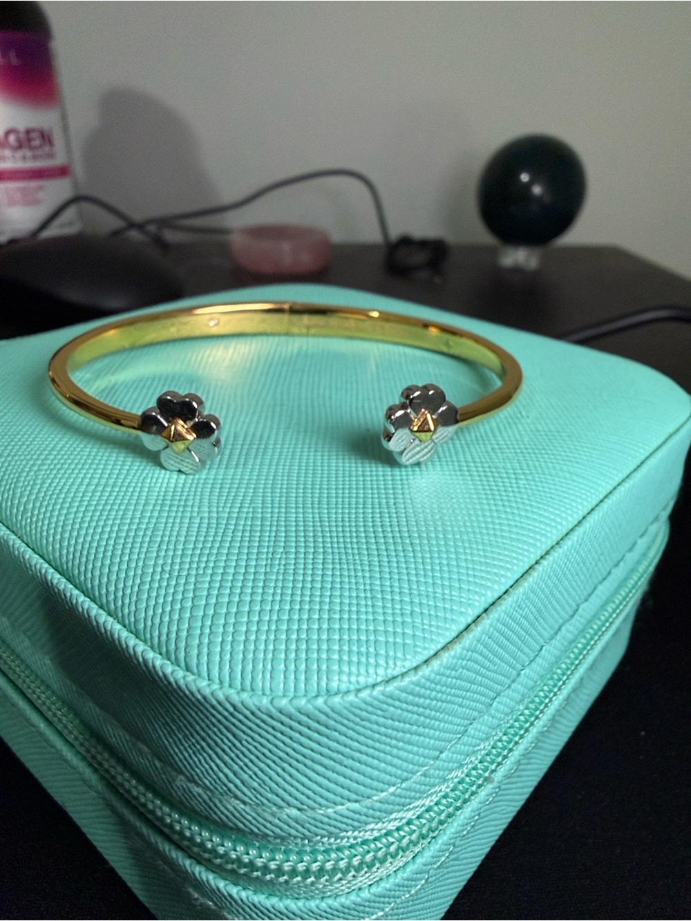 Kate spade gold Open Cuff Bracelet with Silver Flower Ends